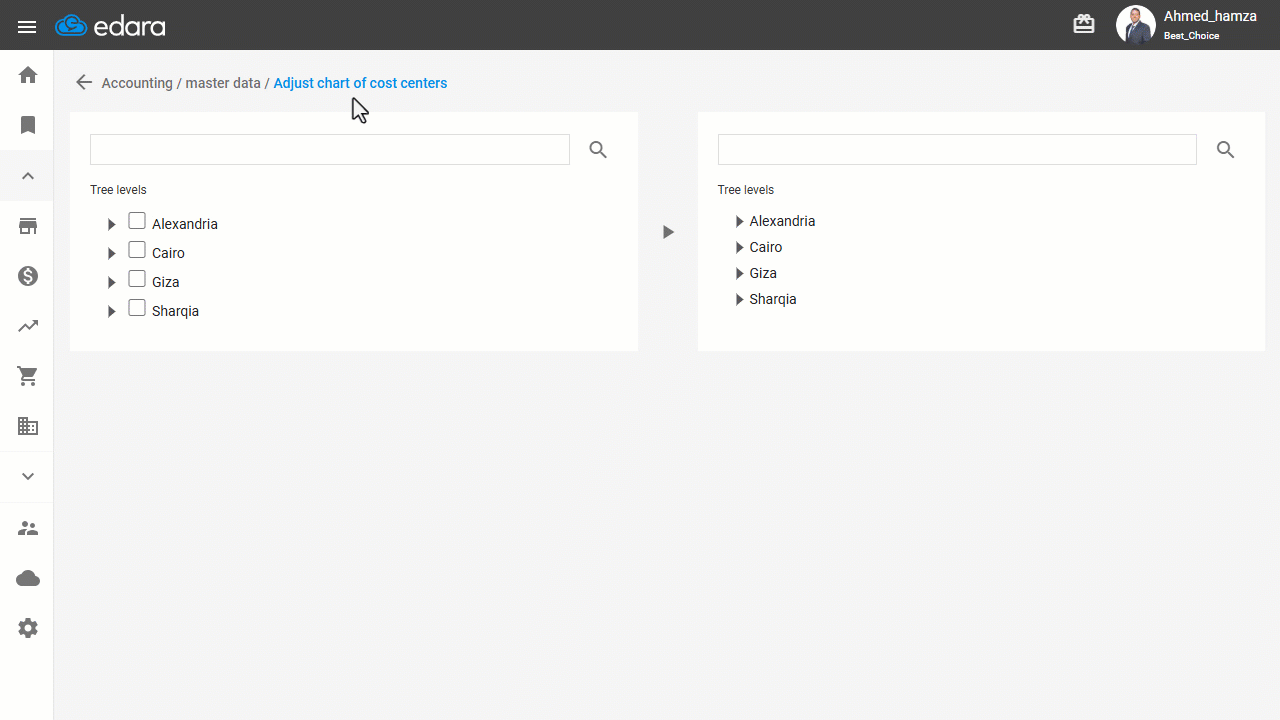 Editing the Chart of Cost Centers — Click the “▶” button to complete the transfer.