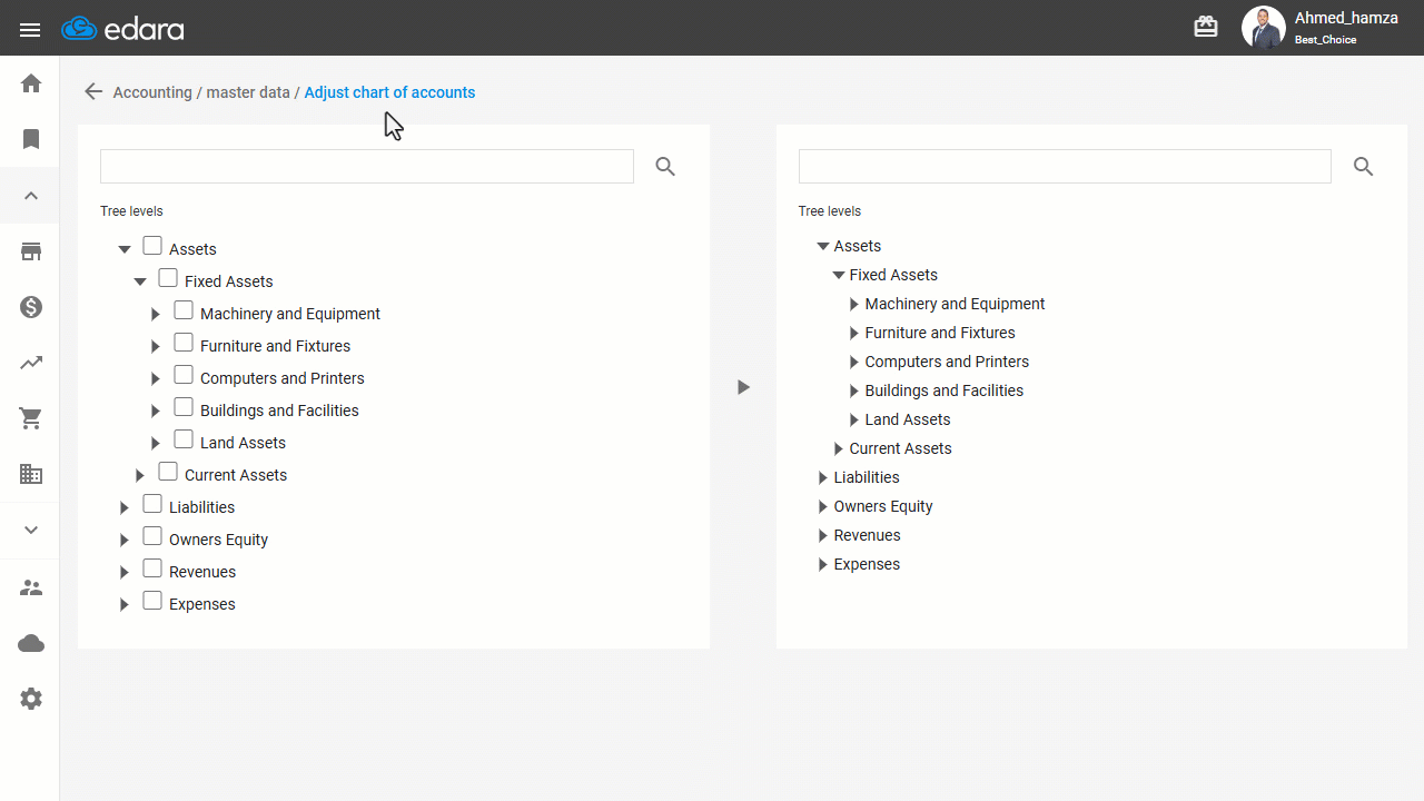 Editing the Chart of Accounts — Click on “▶” to move the accounts or groups.