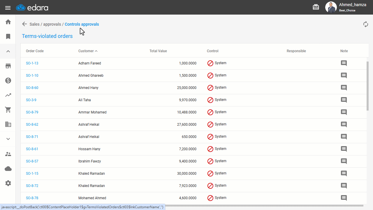 2- Approving the Sales Orders from the Control Approvals Page — Press 🚫 to turn it into ✔️ to be approved.