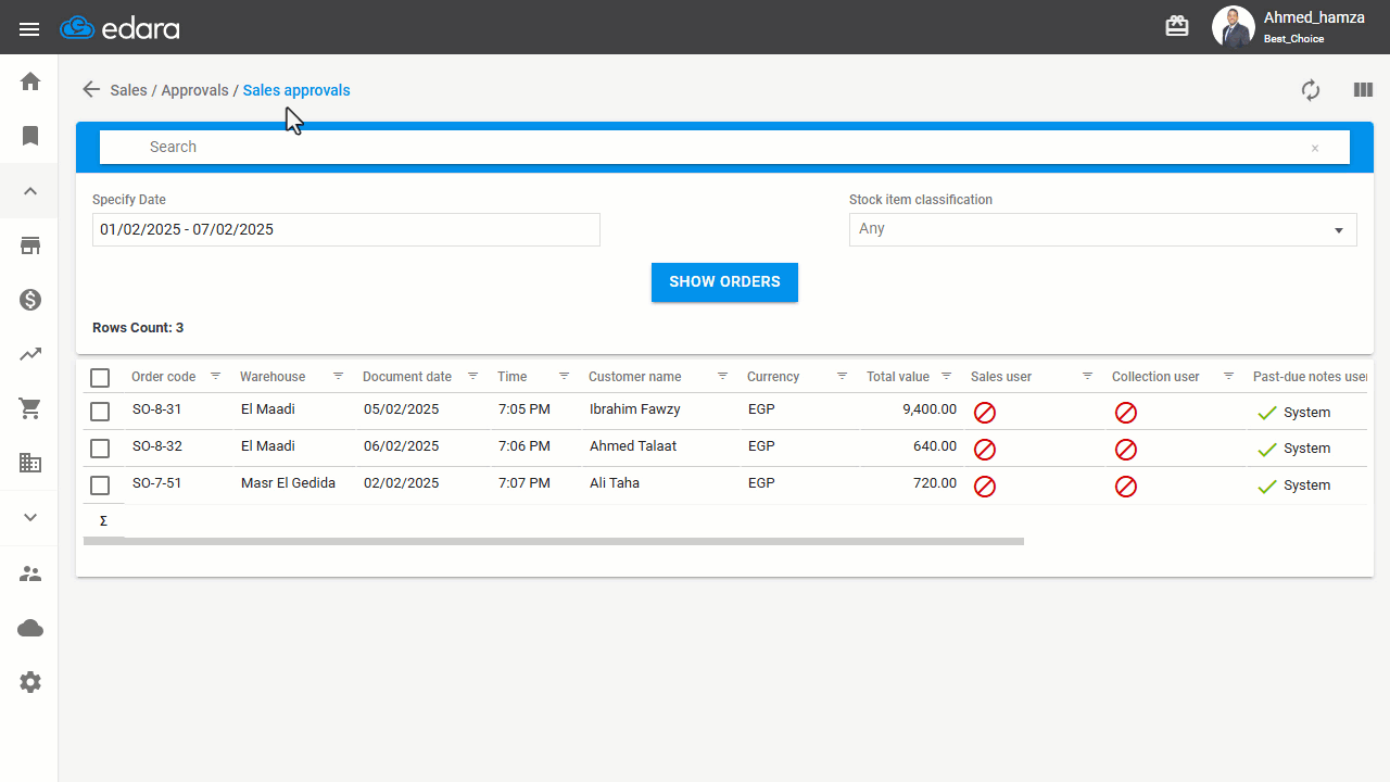 Filtering by Stock Item Classification in the Sales Approvals Page — Click on "Show Orders".