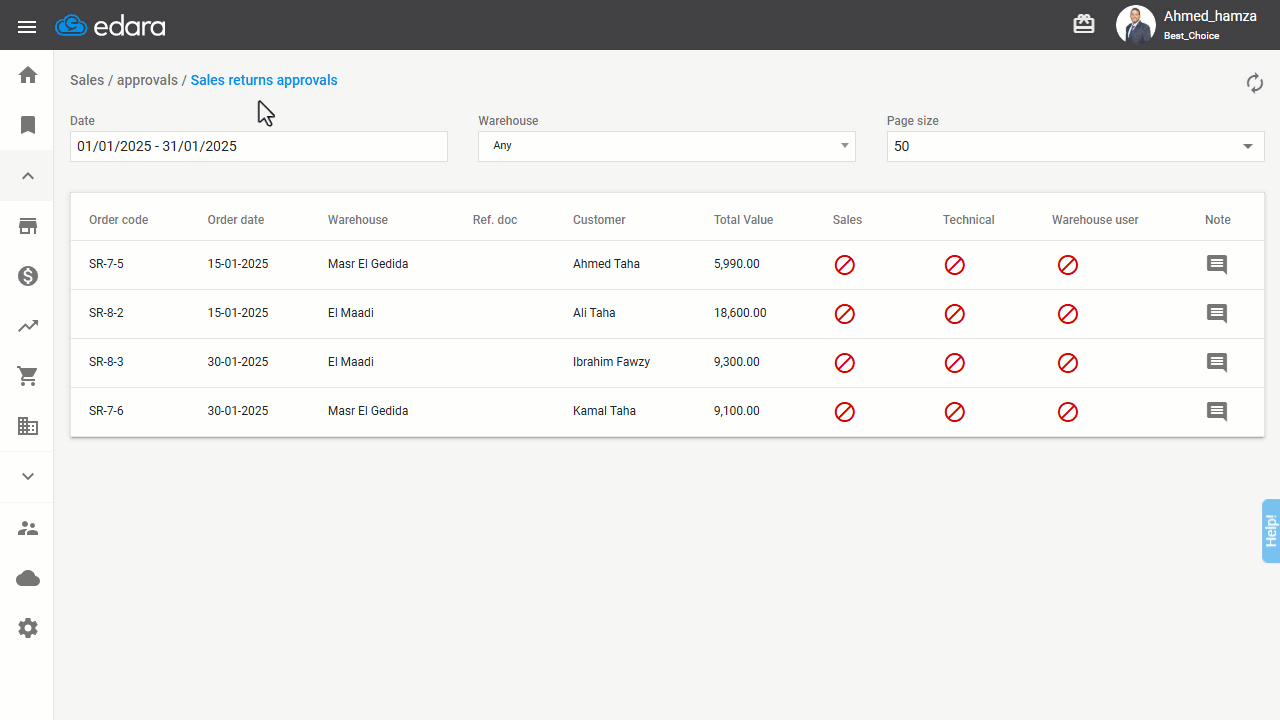 Filtering Sales Returns Approvals in Various Ways — Select the warehouse to display returns associated with the specified…