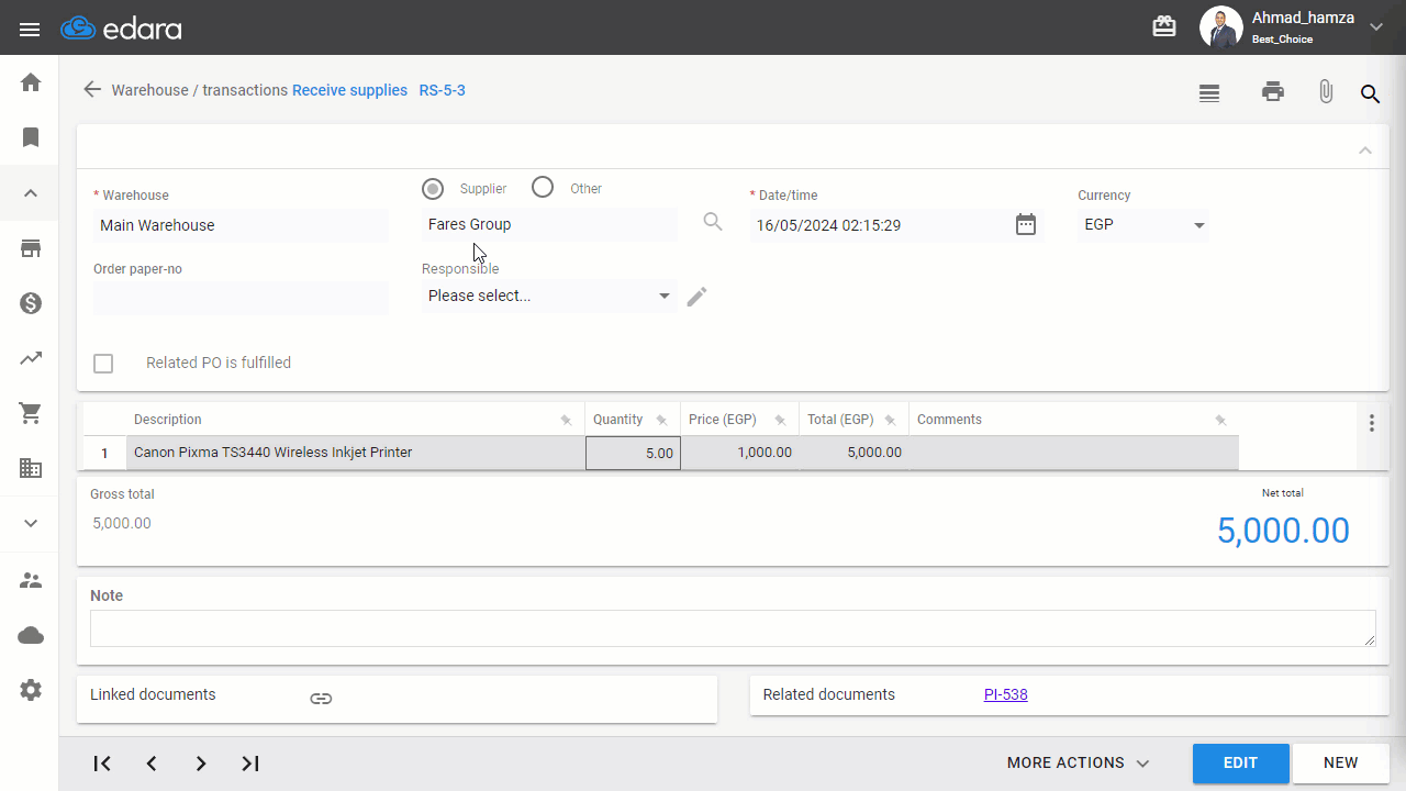 Showing Supplier Name and Document Number in Barcode — Select "Edit"