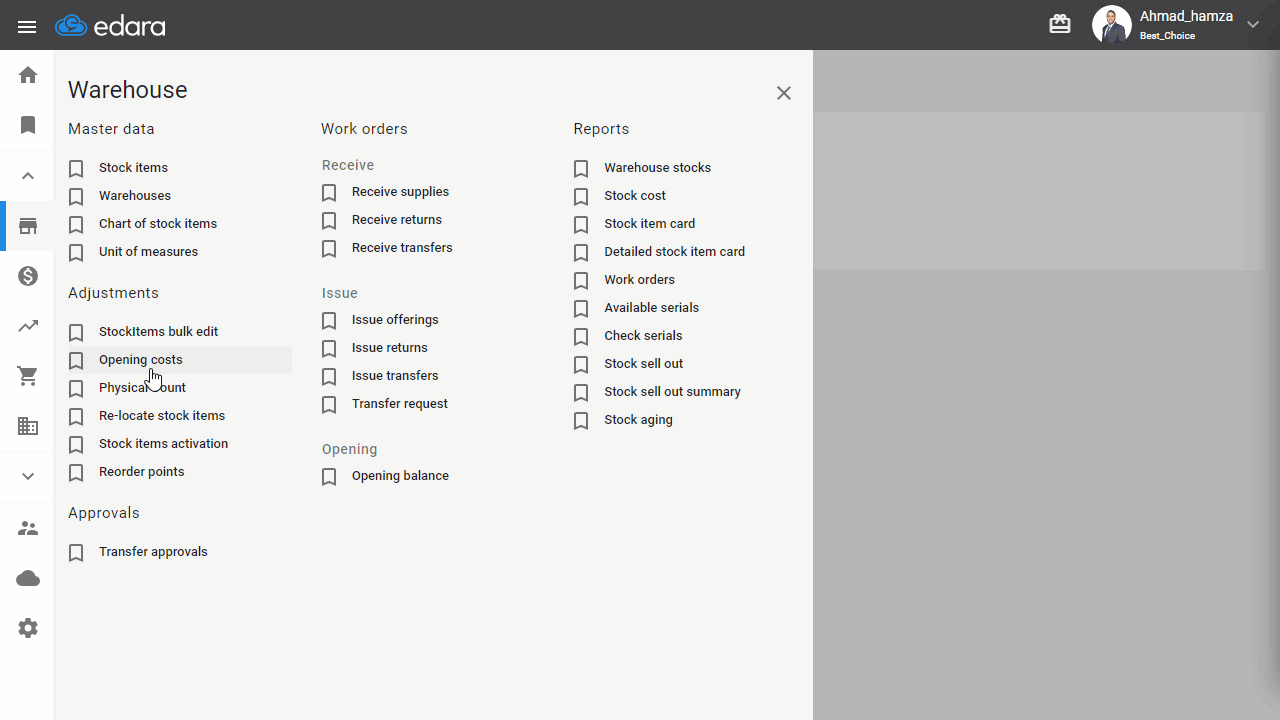 Entering the Opening Costs Using Excel — Click on “Export to Excel” to export the file with items and costs