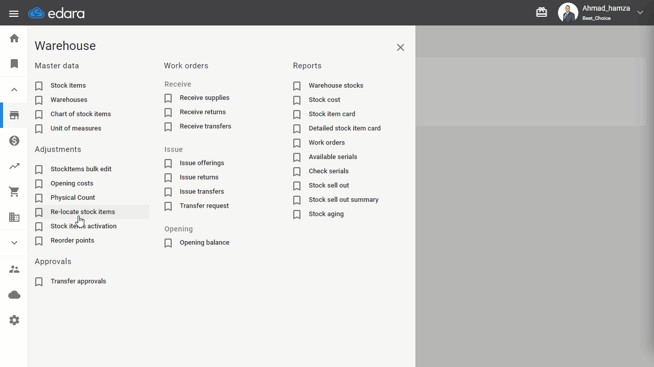 Relocating Stock Items — Click the arrow icon ➤