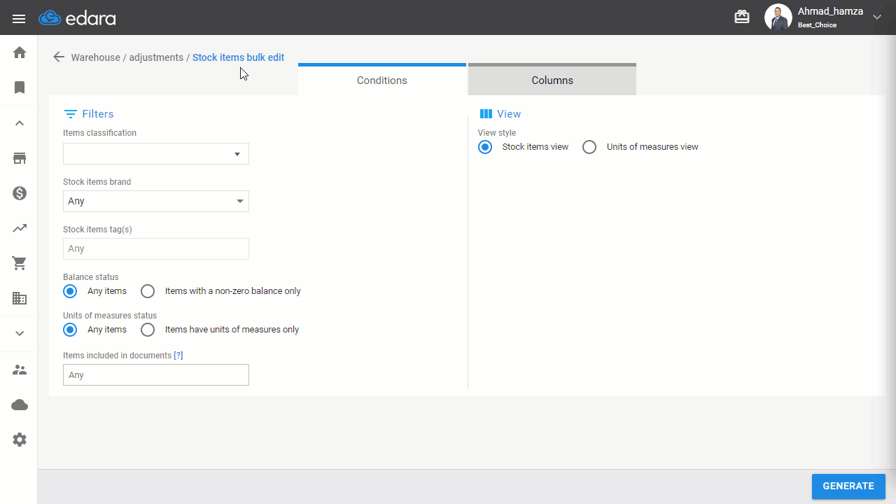 Steps to Add "Primary Unit" and "Ratio" Columns to the Stock Item Bulk Edit Page — Click “Generate”