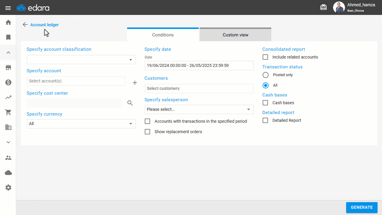 Step 3: Reviewing the Transfer Account Ledger — Click on “Generate”.
