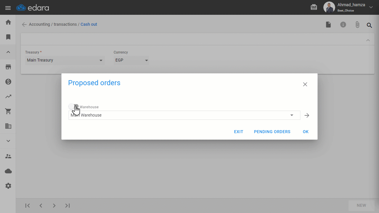 Saving the Proposed Cash Out for Purchase Orders — Choose the “Warehouse”.