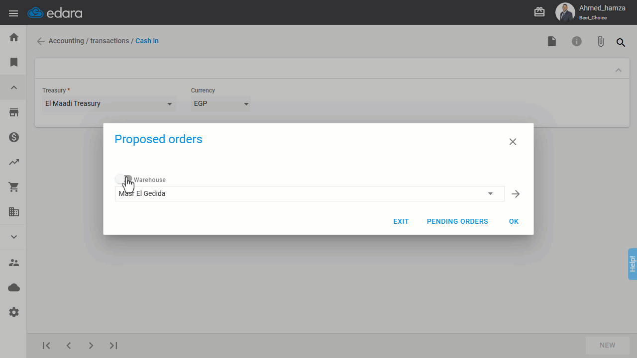 Saving the Proposed Cash In for Sales Orders — Select the “Warehouse” specified in the sales order.