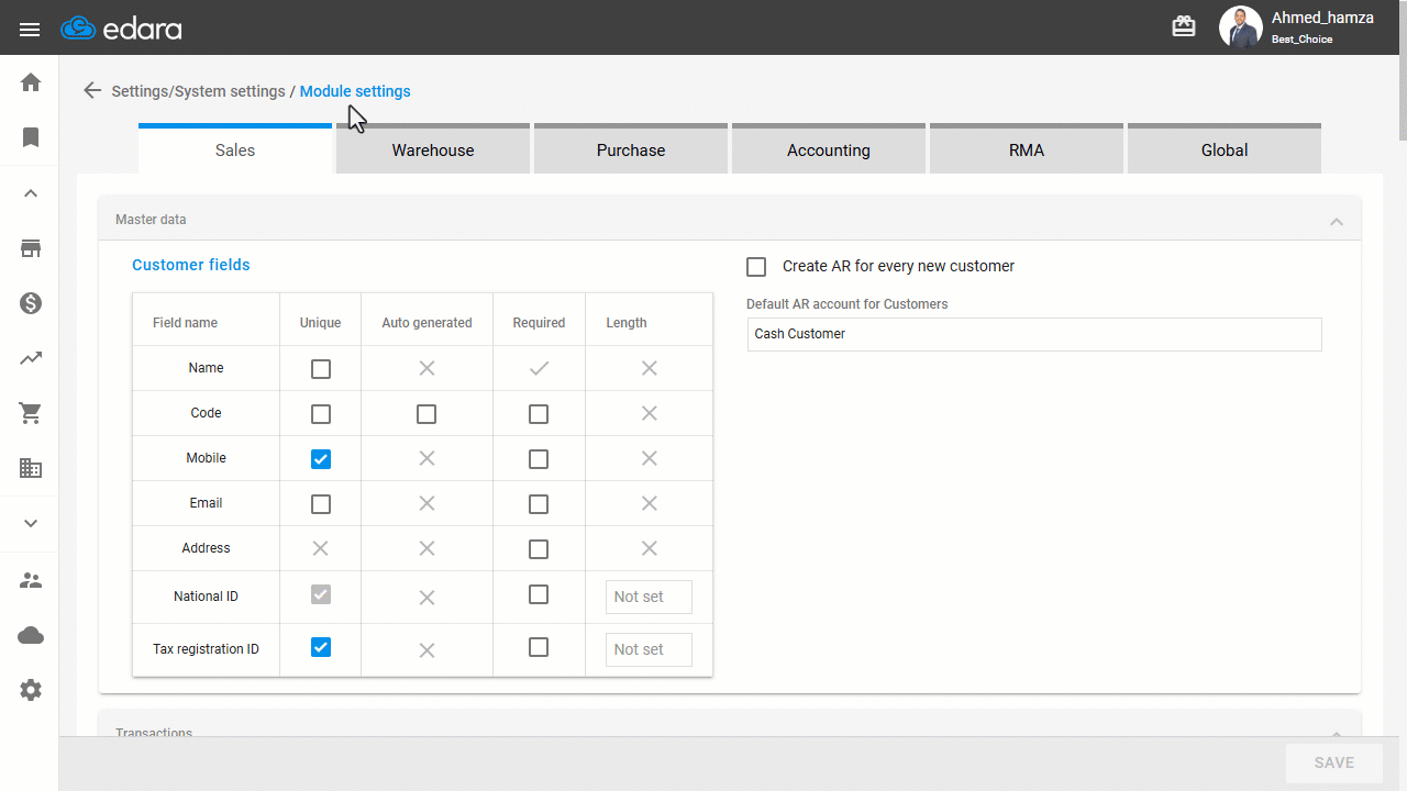 Controlling the Customer Code — Click on “Save”.