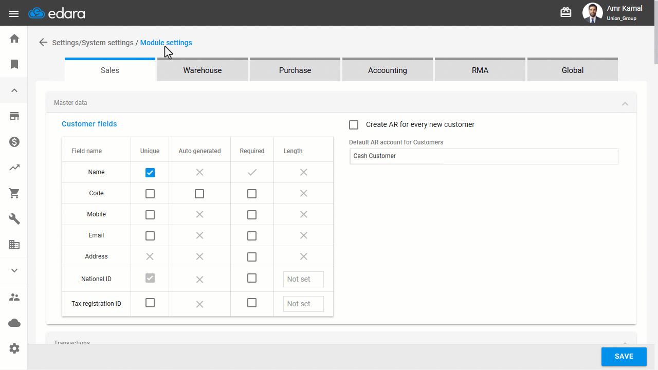 Granting/Revoking Permission to Transfer Between Warehouses — Click on "Save".