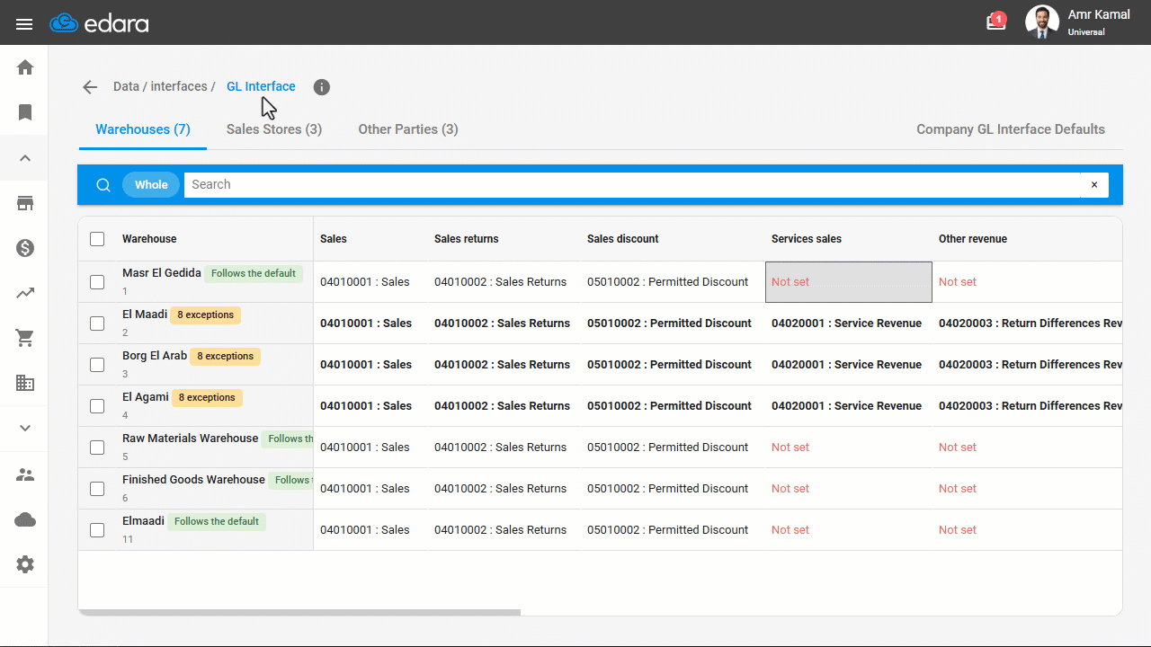 Linking Warehouse Accounts — The word “Exceptions” also appears next to it in the edit screen, and the total number of…