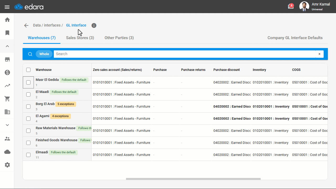 Linking Warehouse Accounts — The change is applied to the selected warehouses, and the updated account is recorded as an…