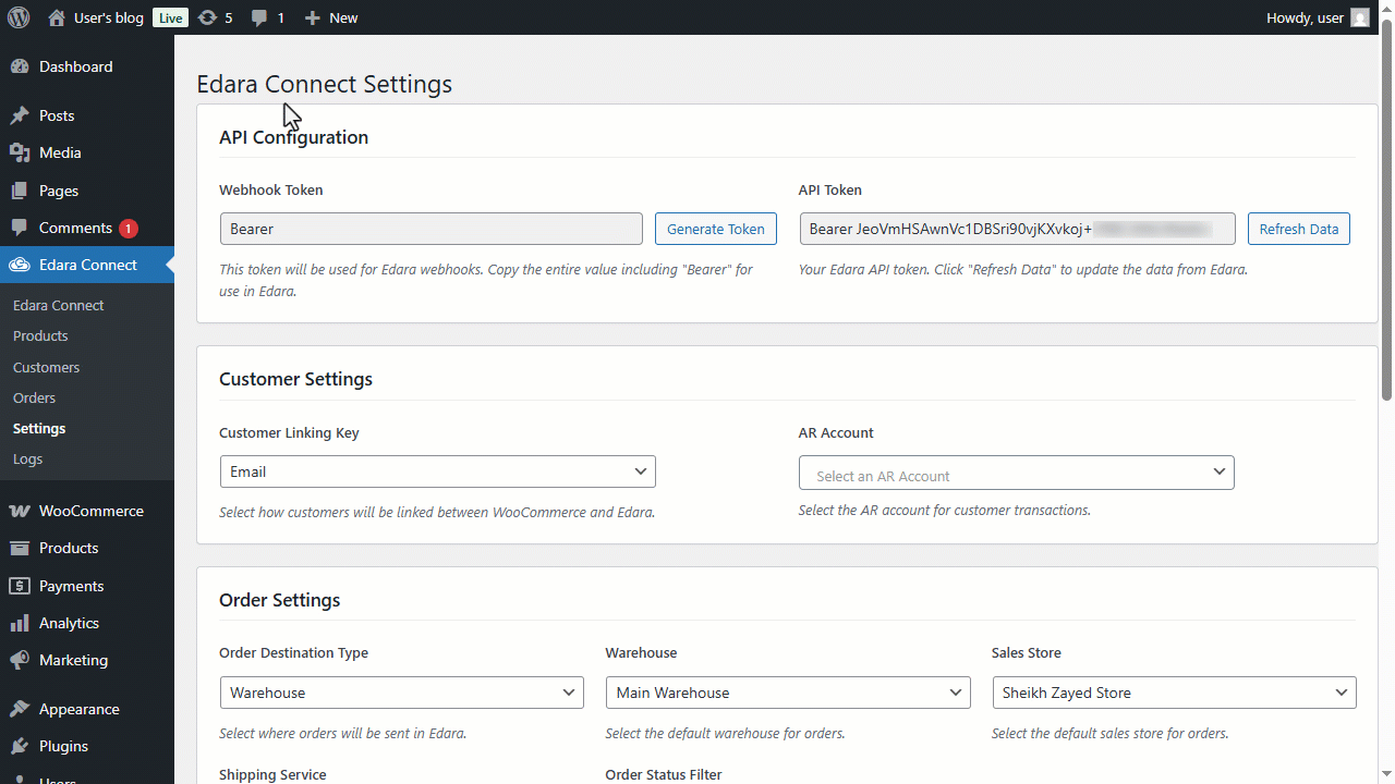 1- Adjust the settings of the "Edara Connect" plugin — Click on "Save Settings".