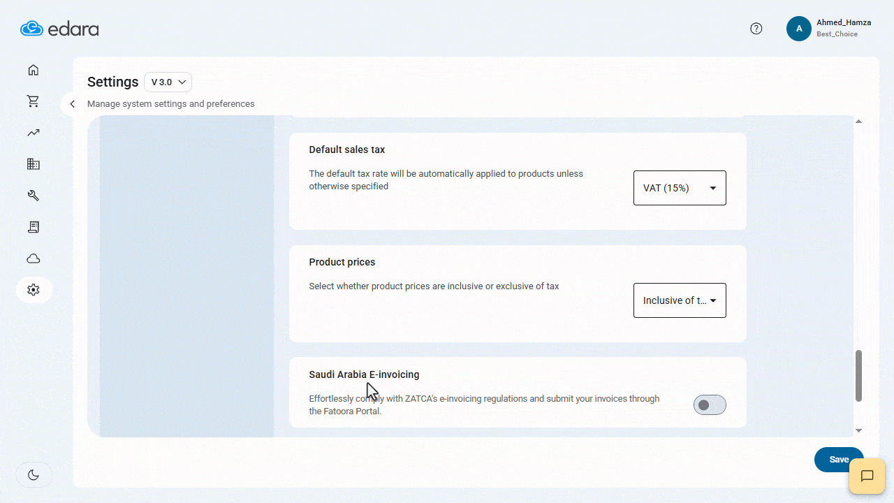 Steps to integrate Edara 3.0 with ZATCA — Click on “Save”.