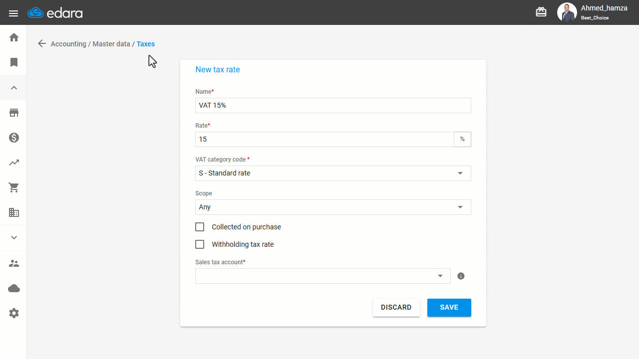 Creating a VAT Rate on Both Sales and Purchases — Select the purchase tax account.
