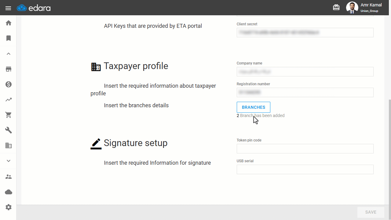 Adding a Branch in the Egyptian Tax Authority Integration Settings — Click on “Save”.