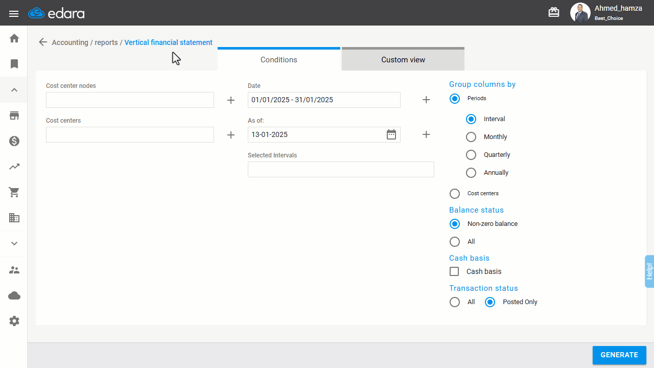 Viewing the Vertical Financial Statement Report — Click “Generate”.