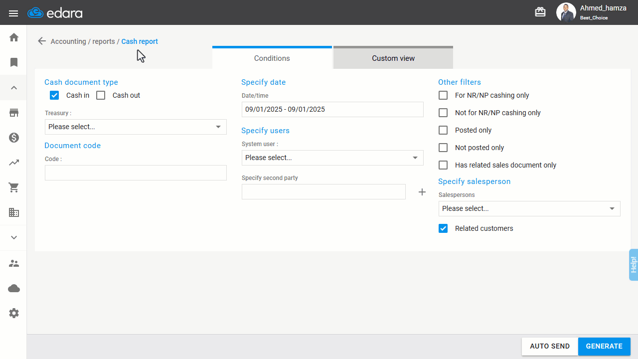 Viewing the Cash Report — Click on “Generate”.