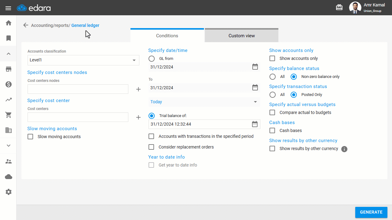 Displaying Sales in the General Ledger — Click on ”Generate”.