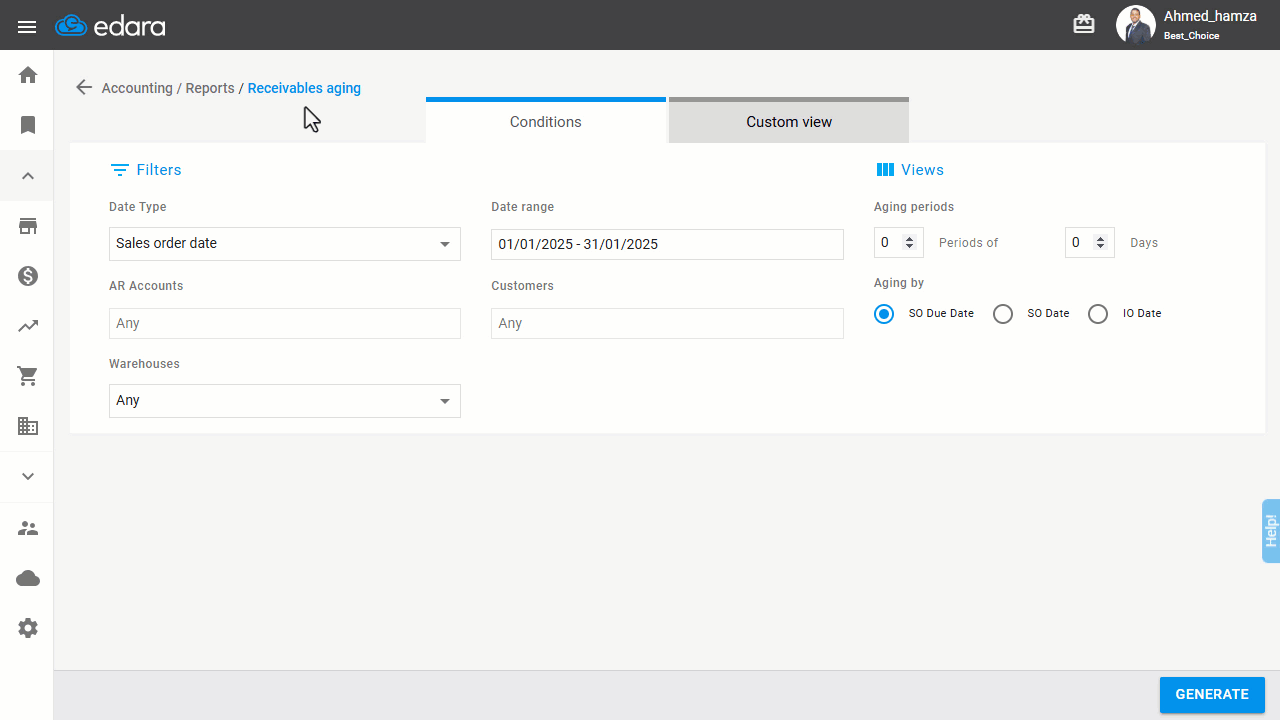 Viewing the Receivables Aging Report — Click on “Generate”.