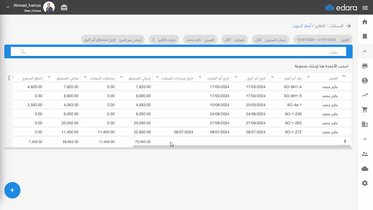استعراض تقرير أعمار الديون — اضغط على "تشغيل"