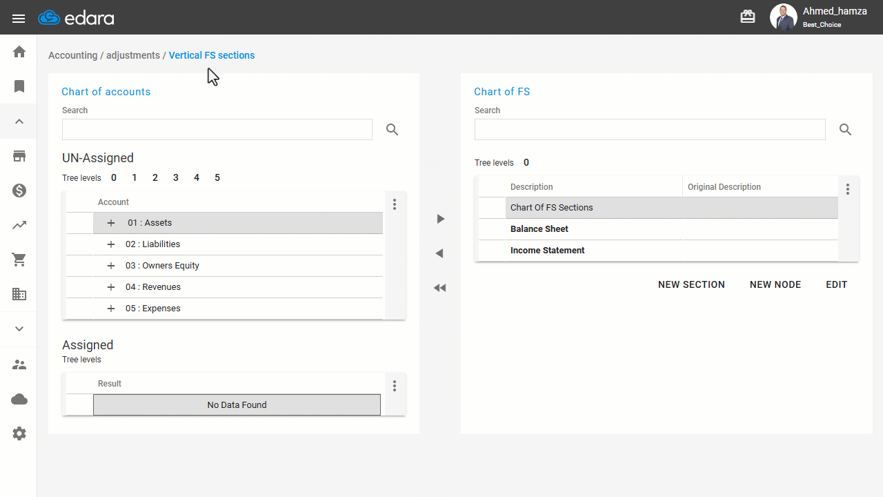 Assigning Balance Sheet Accounts — Click on "Owners' equity", then click on "Balance Sheet" from the “Chart of FS”, then…