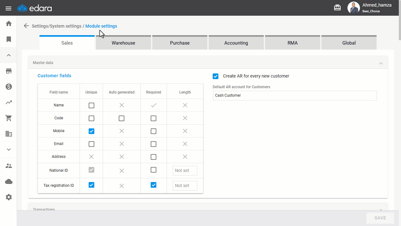Updating Your Organization's Master Data — Click on “Save”.