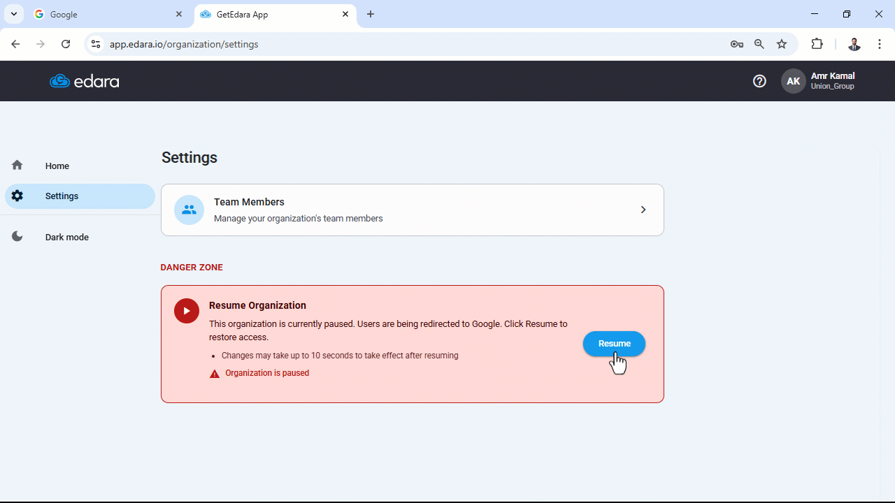 Temporarily Pausing Organization on Edara — The pause is applied within approximately 10 seconds. Any user attempting to…