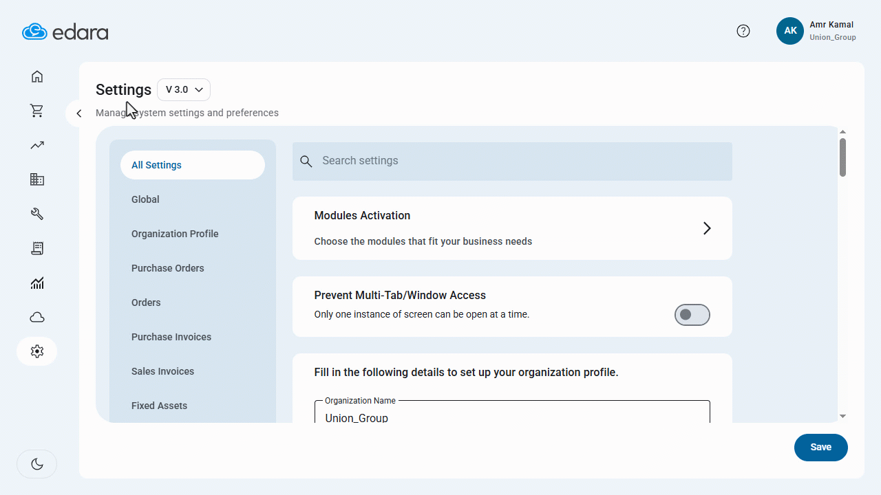Updating Your Organization's Master Data in “Edara 3.0” — Click on “Save”.