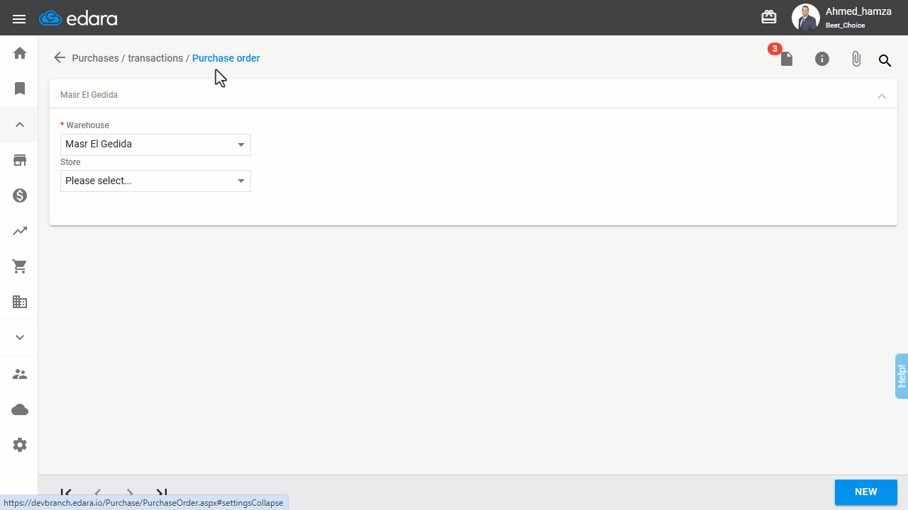 1. Restoring a Draft (Example: Purchase Order) — Complete the missing data in the draft, then save it.