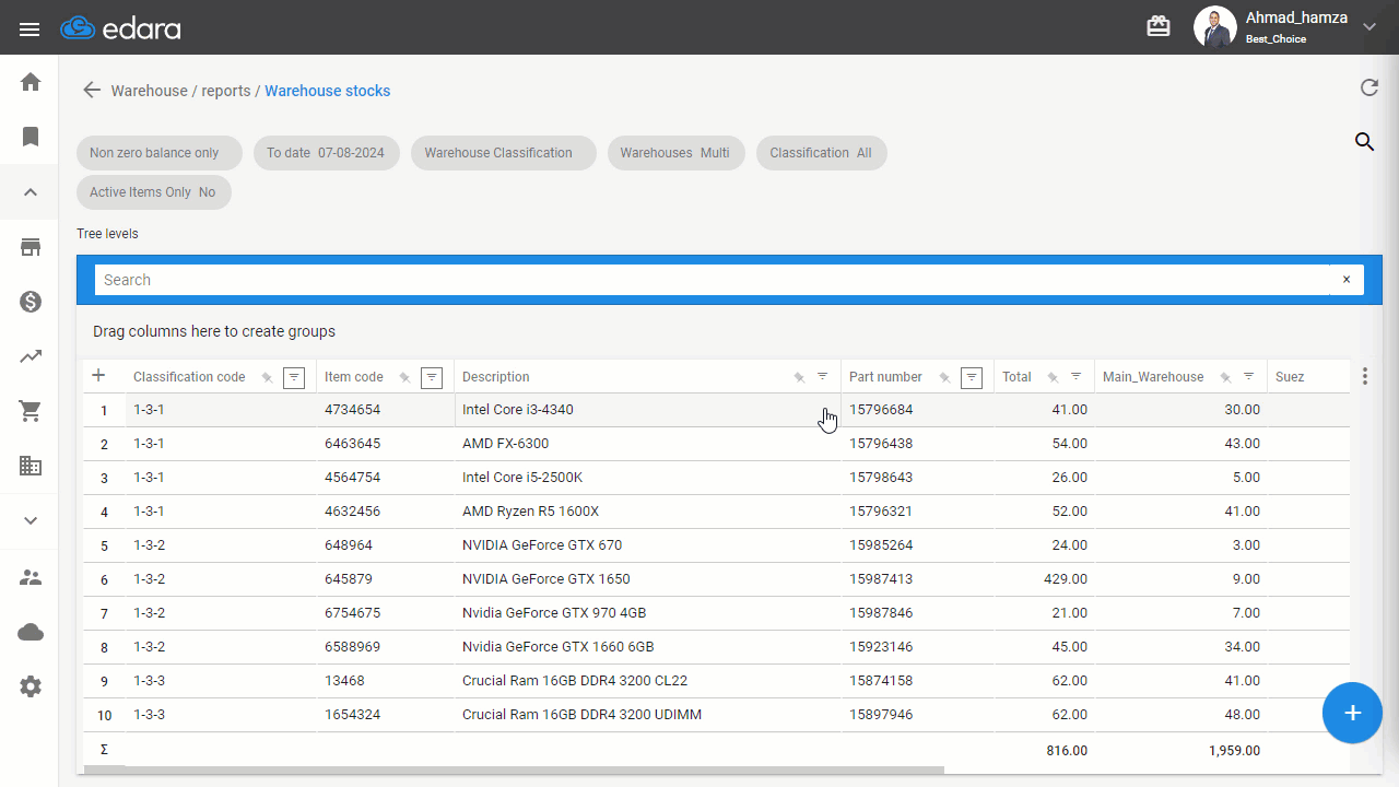 Pinning a Column in Warehouse Stocks Reports — Click to pin the column.