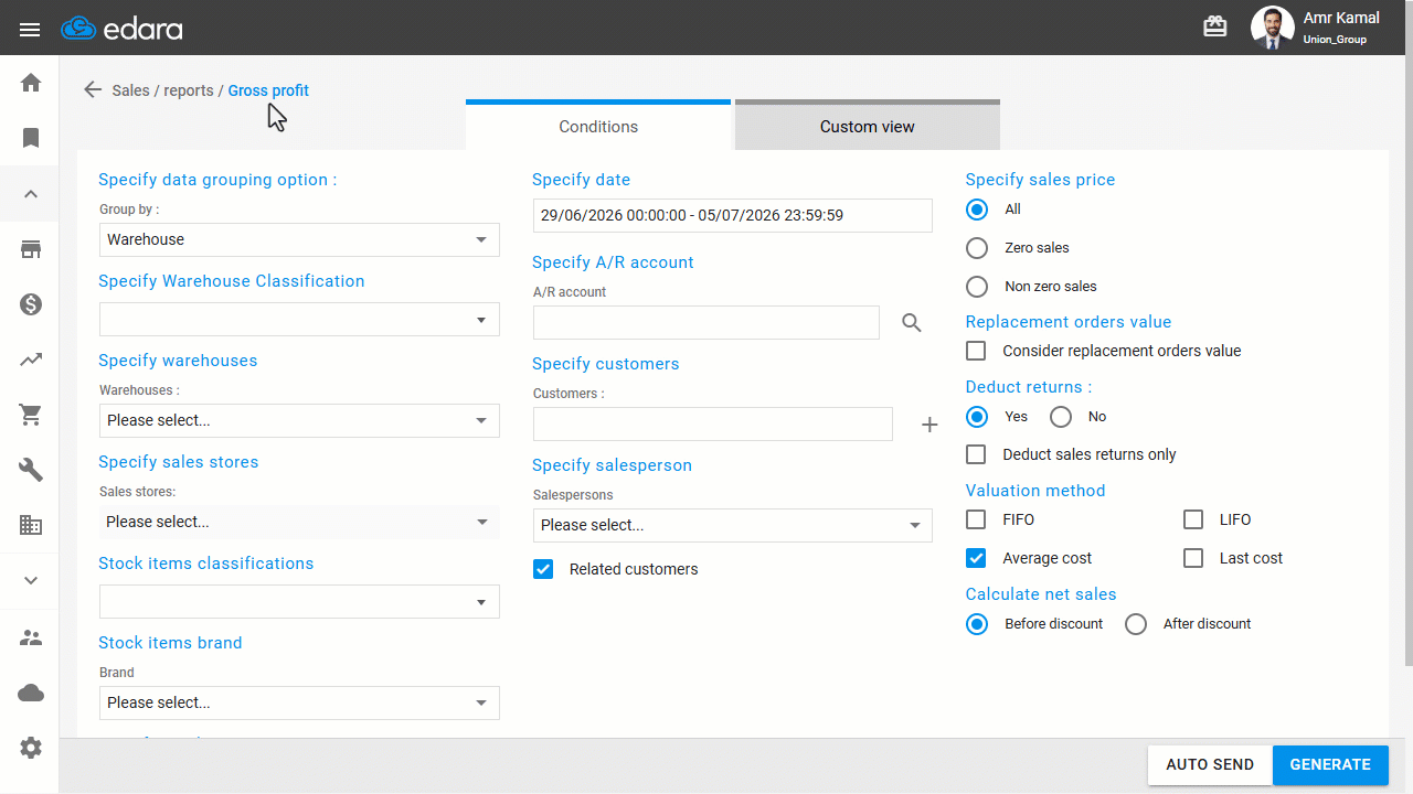 Displaying the Gross Profit Report Grouped by Work Orders — Click on “Generate”.