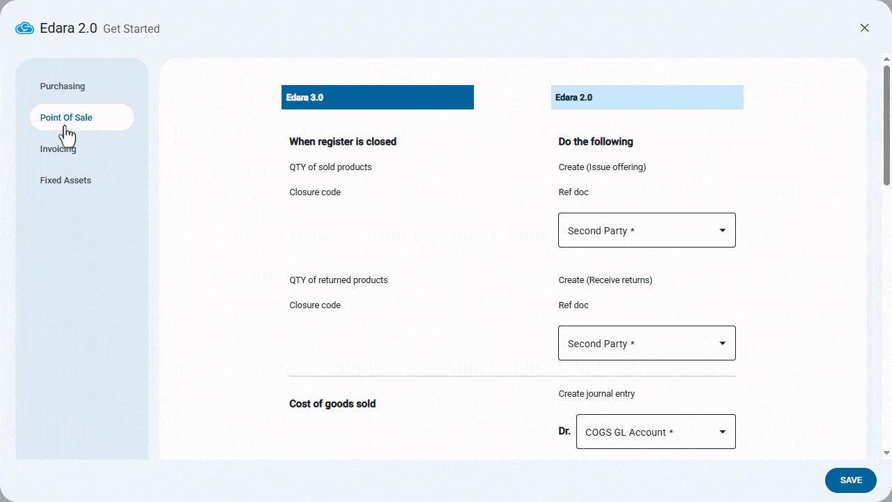 Configuring the POS Module Settings for "Edara 2.0" and "Edara 3.0" Integration — Choose the accounts used in the payment…