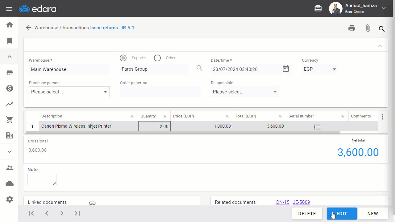 Exporting Purchase Return Documents by Clicking Edit — Click on
