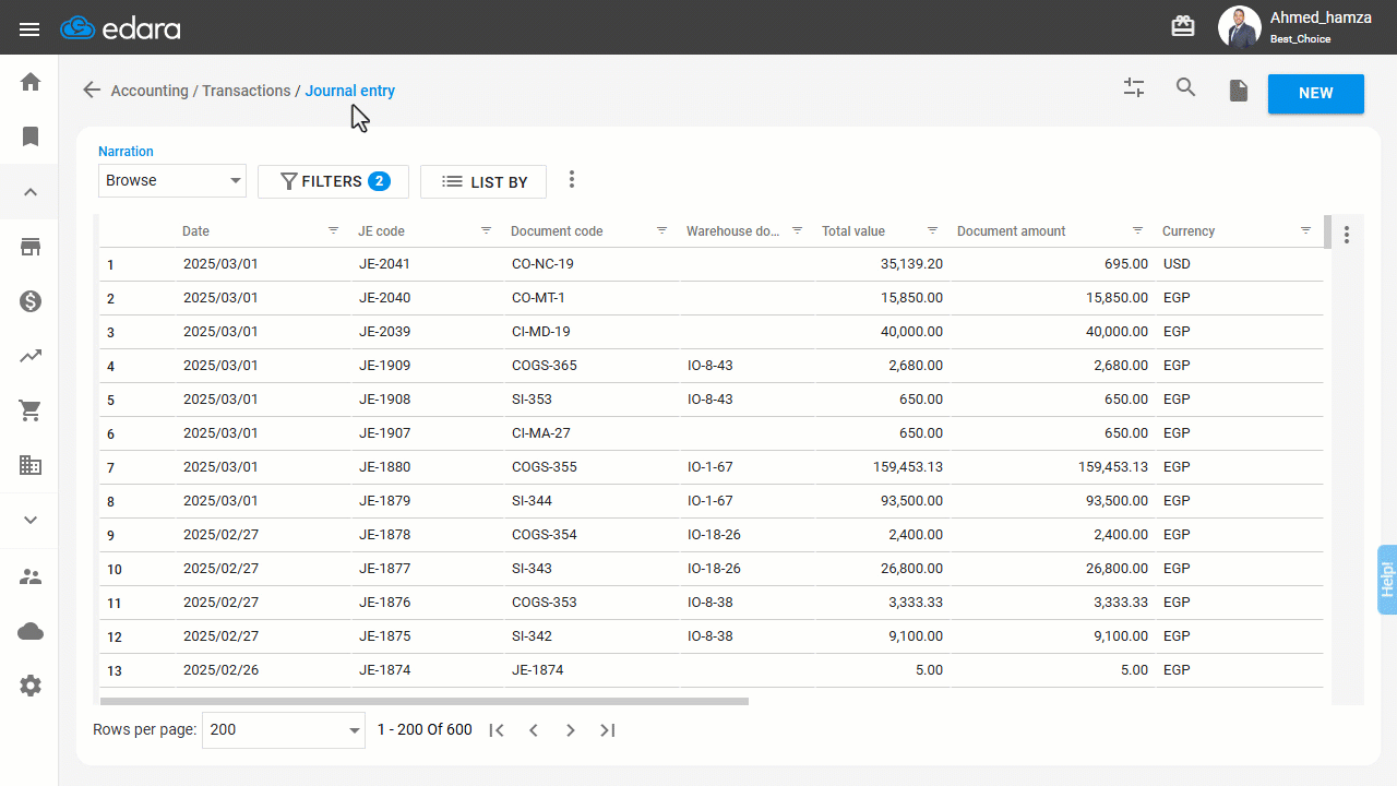 Exporting the Journal Entry List — Click on "Export".
