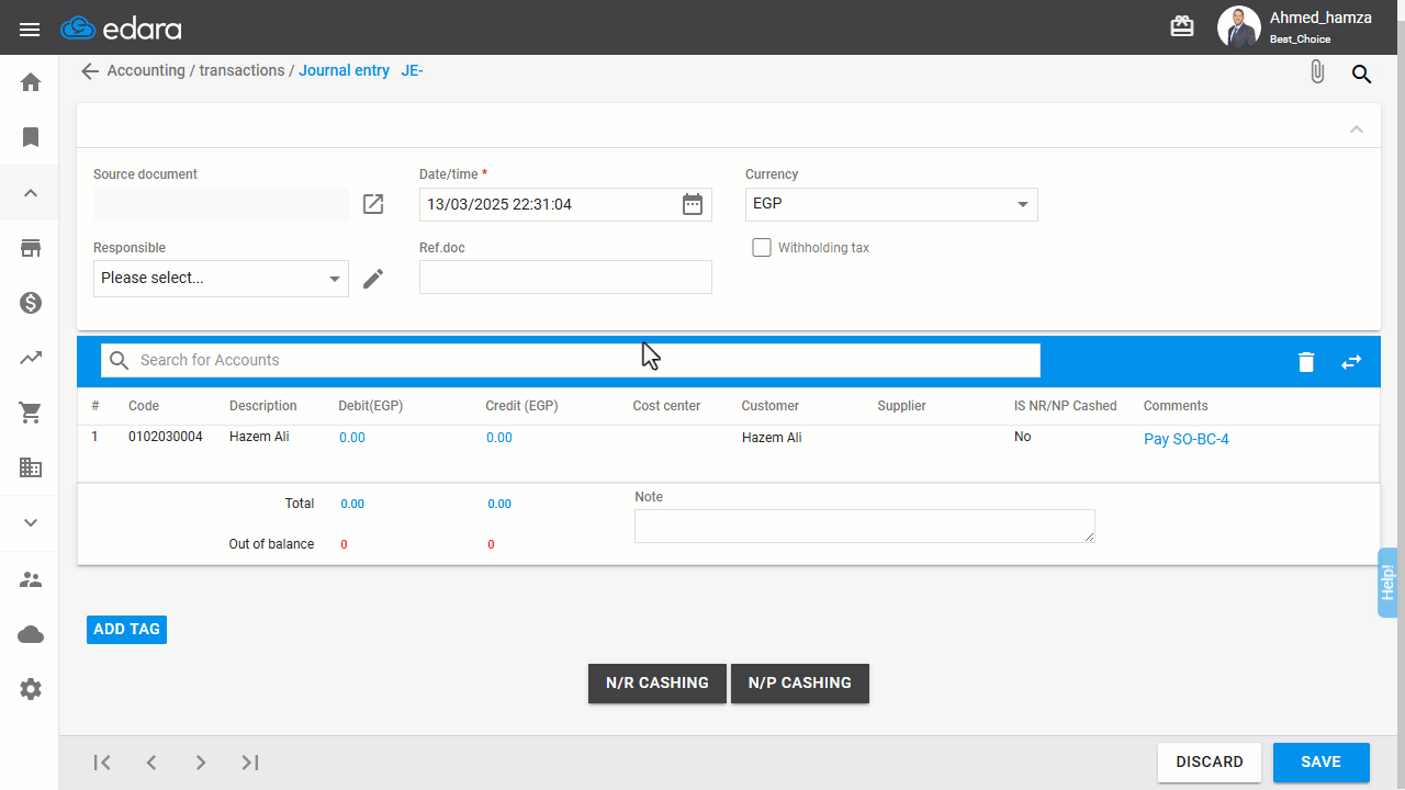 Using Journal Entry to Record the Withholding Tax for a Sales Order — Click on "Save".