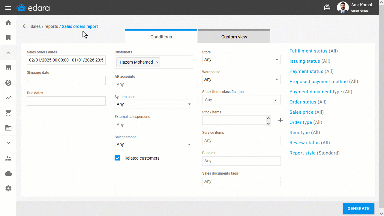Displaying the Customer Code in the Account Ledger Report — Click on “Generate”.