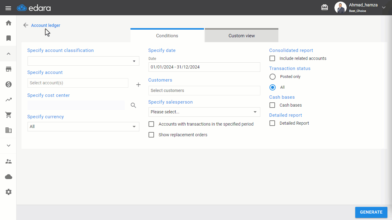 Displaying the Account Ledger in a Specific Currency — Click on "Generate".