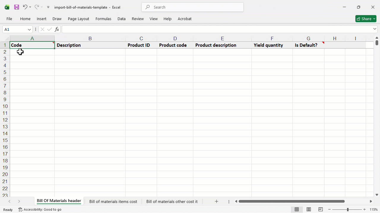 1. Bill of Material Header sheet — Is Default?