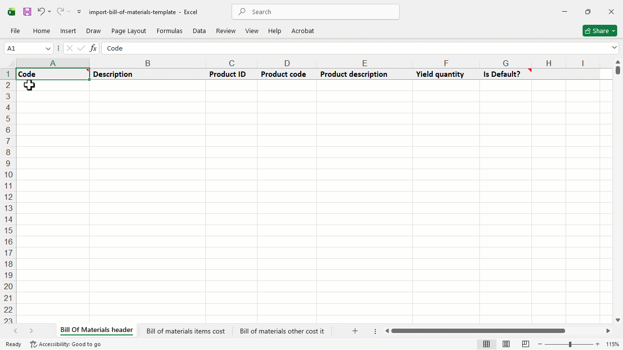 1- صفحة لإضافة قائمة مواد الإنتاج (Bill of Material Header) — هل فاتورة المواد هي الافتراضية أم لا - Is Default؟