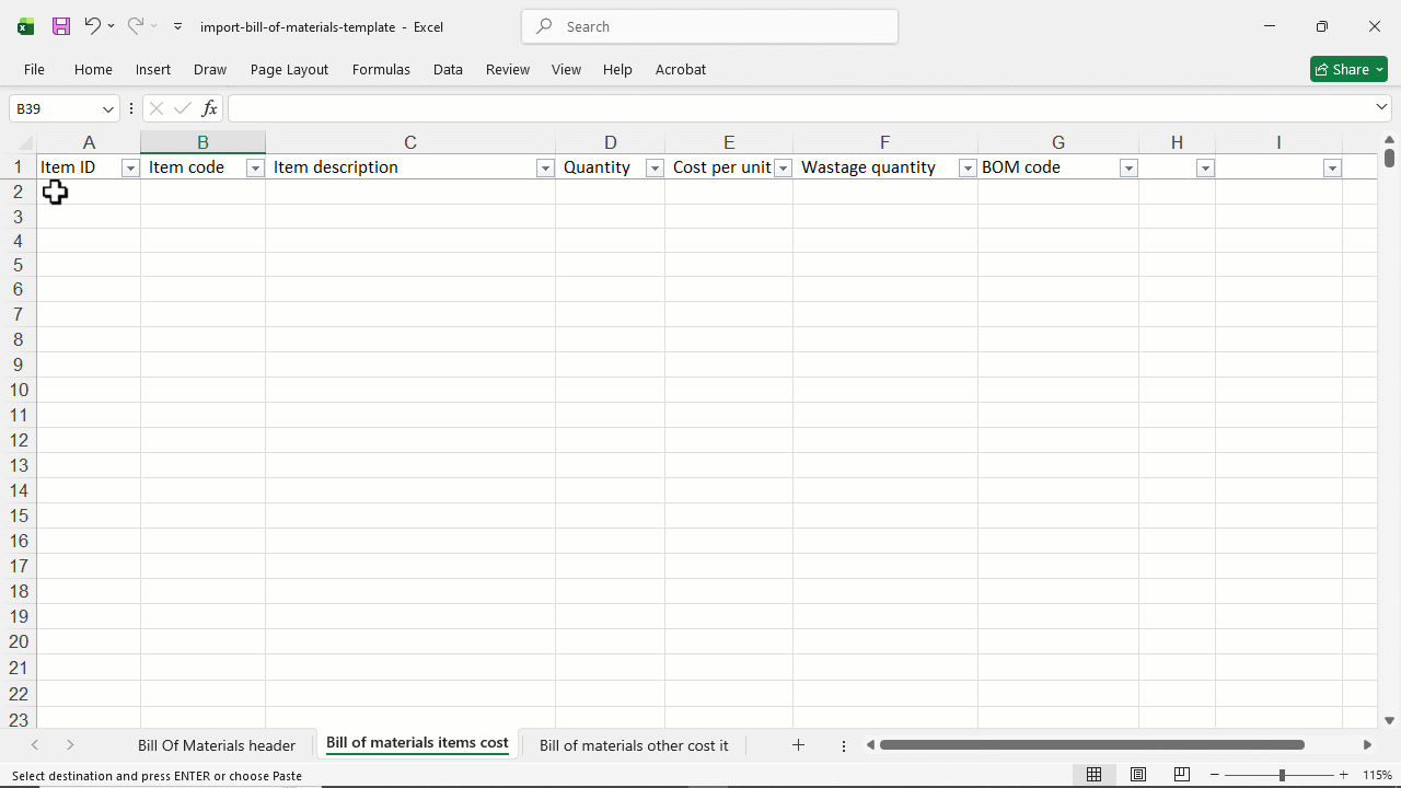 2. Bill of Material Items Cost Sheet — BOM Code.