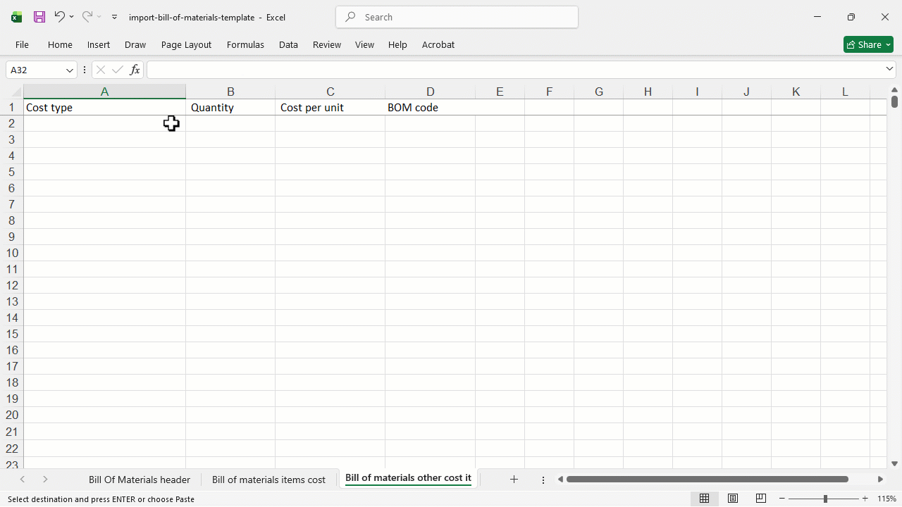 3. Bill of Materials Other Cost Sheet — BOM Code.