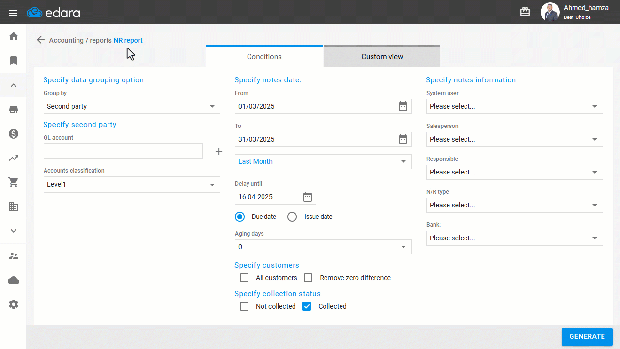 Canceling the Collection of Notes Receivable — Click on “Generate”.
