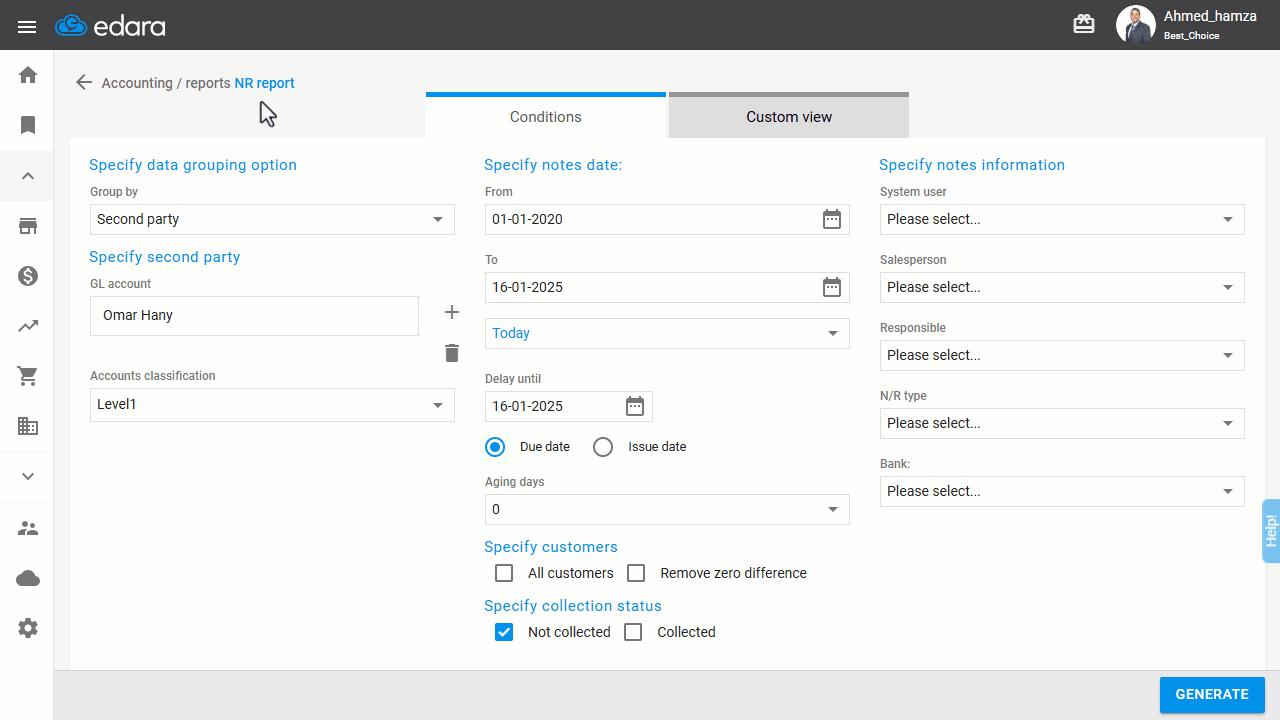 Steps to View Sales Orders Linked to Notes Receivables — Click on “Generate”.