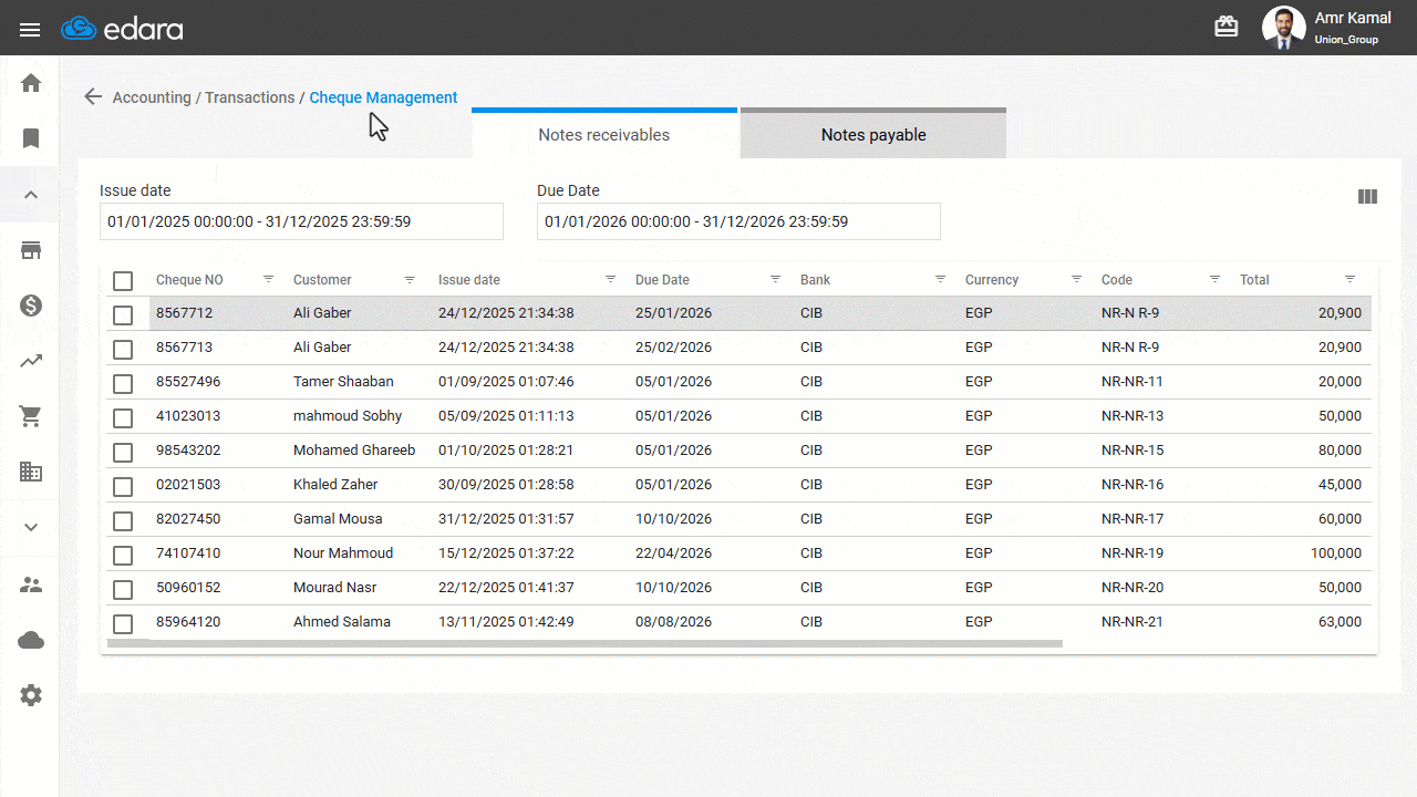Filtering Cheques by Due Date — A report displaying Cheques with due dates within the selected period will appear.