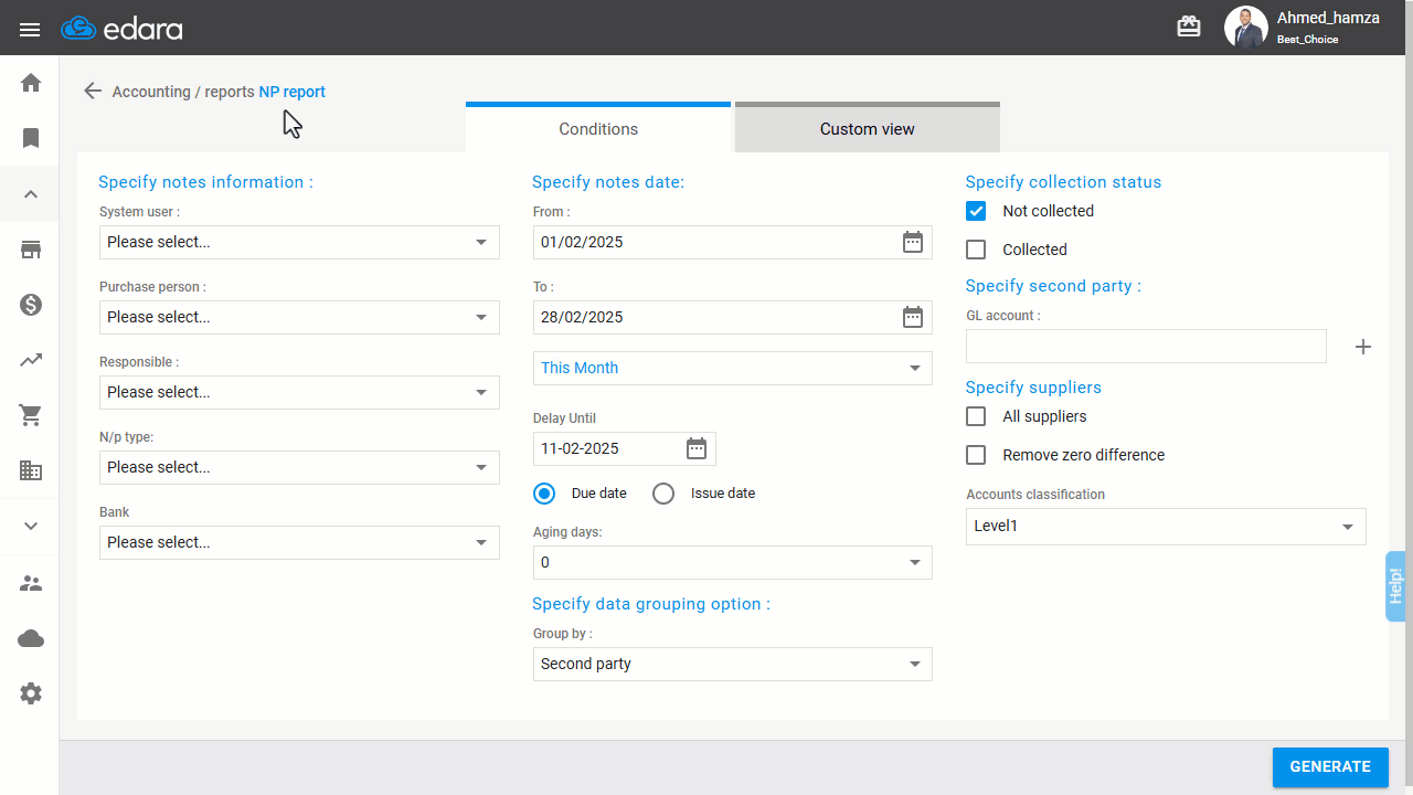 Steps to Cancel the Payment of Notes Payable — Click on "Generate".