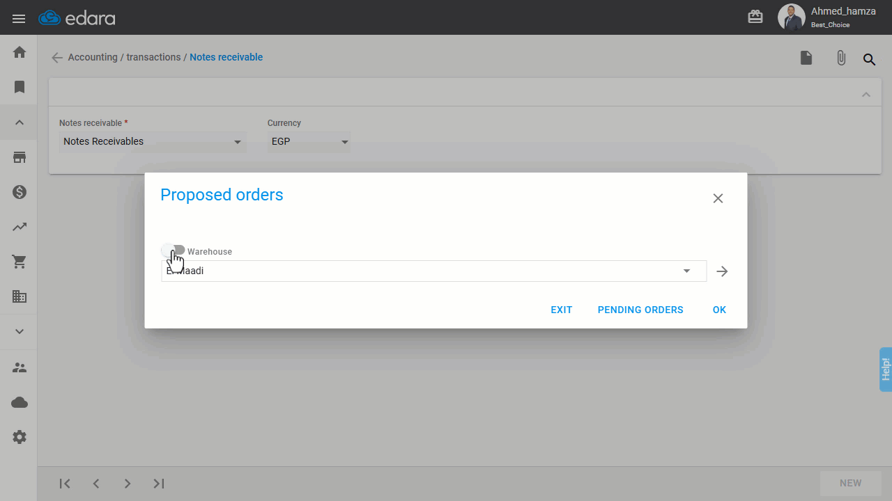 2- From the Accounting Module — Choose the warehouse and click on the arrow (→).