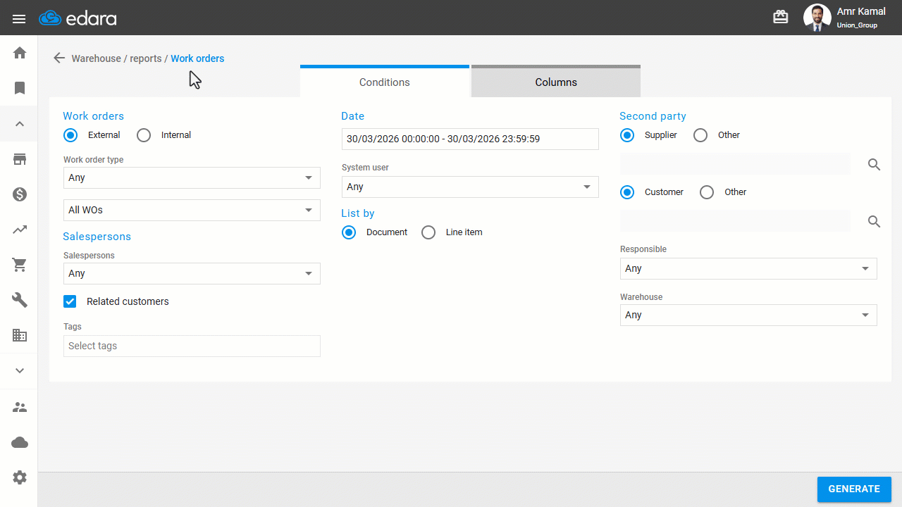 Displaying Stock Item Receive Supplies Movements — Click on “Generate”.