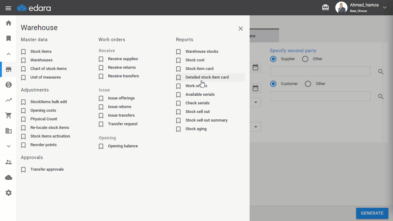 Viewing Detailed Stock Item Card — Click “Generate.”