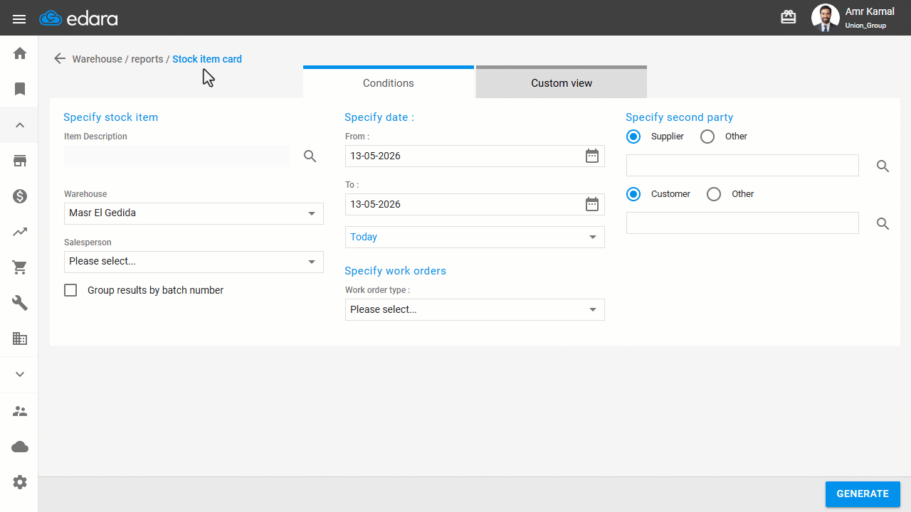 Displaying the Stock Item Card Report — Click on “Generate”.